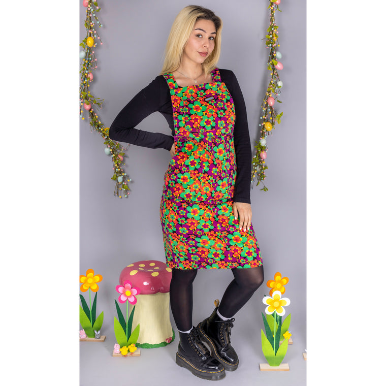 Run & Fly Forget Me Not Sunflowers 70's Pinafore Swing Dress Blue –